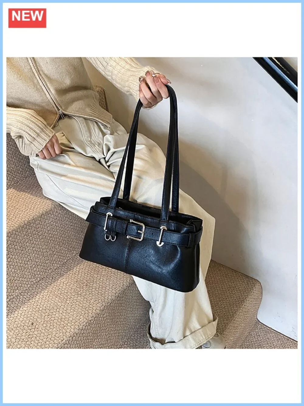 Y2K Hobo Shoulder Bag PU Leather Belt Buckle Underarm Satchel Handbag